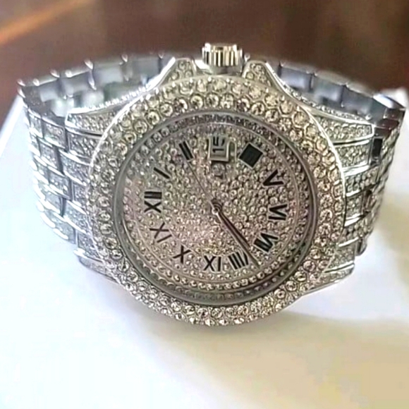 Men's Full Ice Hip Hop Bling Simulated Diamond Steel Band Watch with Day Display - Picture 9 of 12